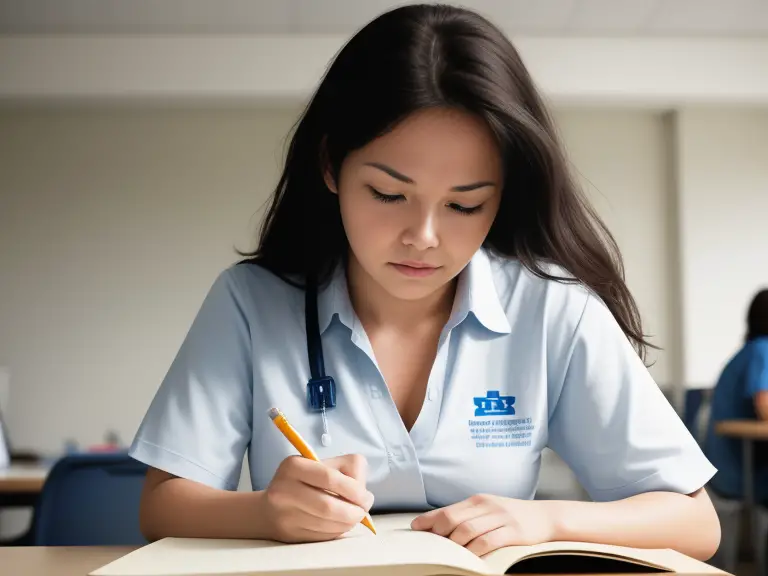 A female nurse writing in a notebook.