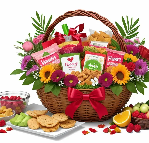 A wicker basket filled with fruit, cookies and crackers to be included in a Nurse Thank You Basket.