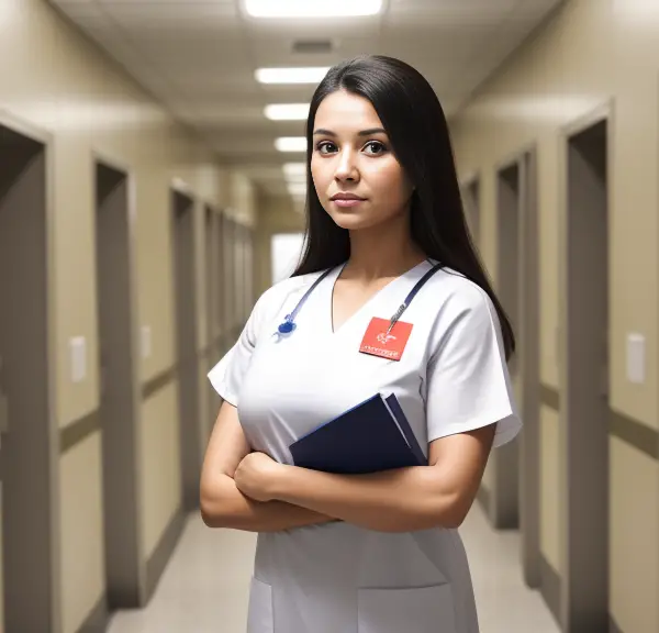 A nurse displaying a confident stance in a hallway.