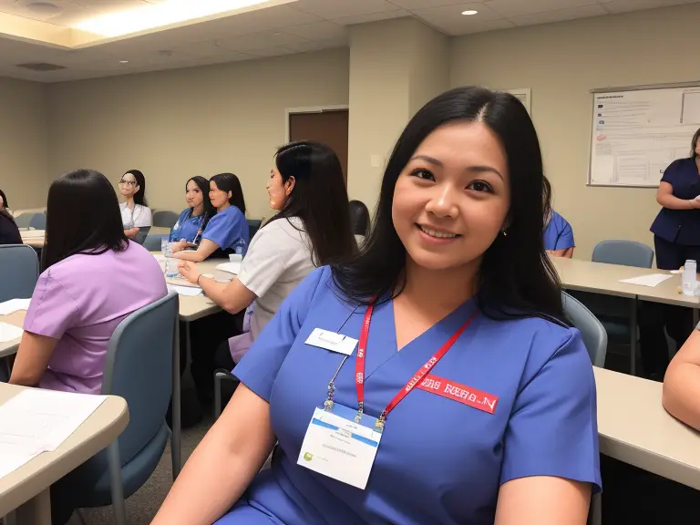 A woman in blue scrubs leading a nursing orientation.