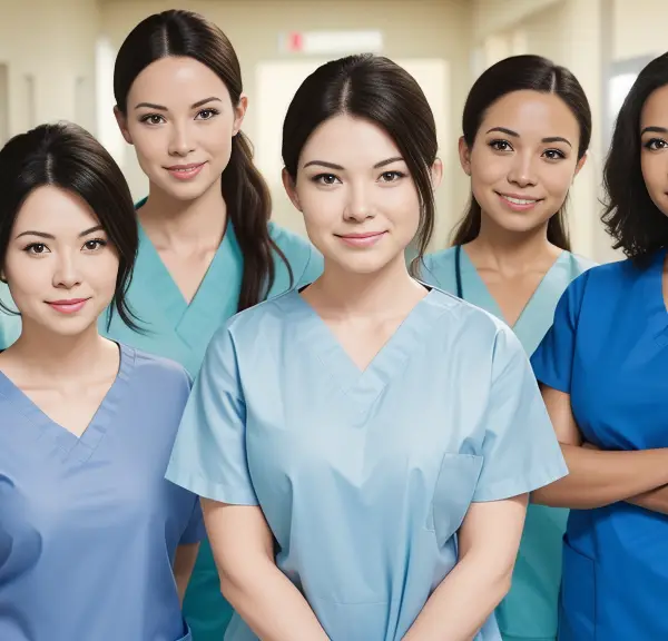 A group of female nurses celebrating GI Nurses Week in a hallway.