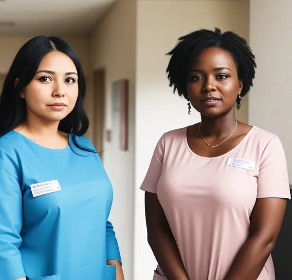 Two nurses standing next to each other in a hallway.