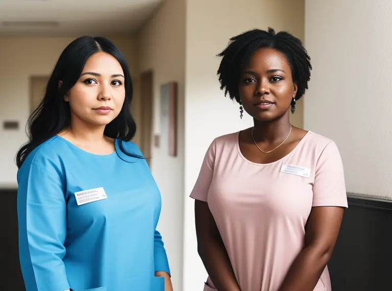 Two nurses standing next to each other in a hallway.