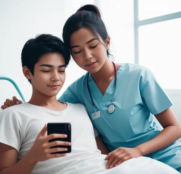 A patient in a hospital bed interacts with a nurse using her phone.