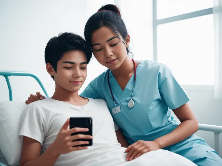 A patient in a hospital bed interacts with a nurse using her phone.