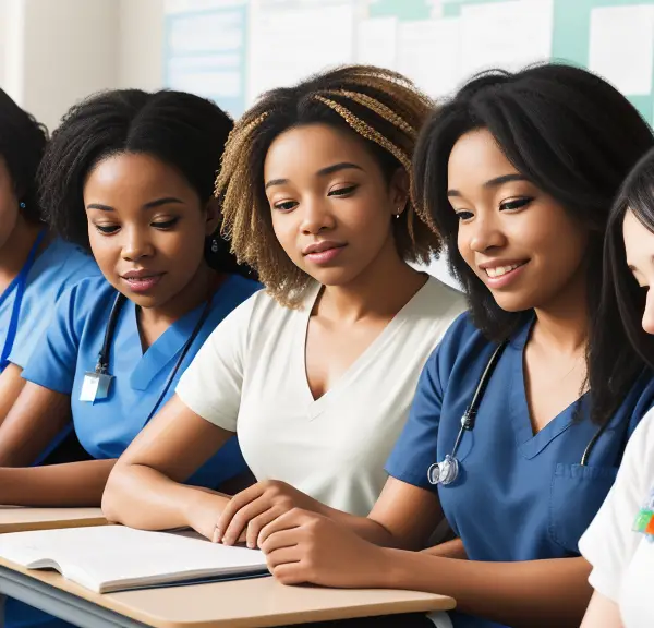 A group of female nurses at their desk discussing HESI requirements for nursing schools.