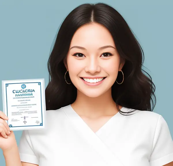 A young woman holding up a certificate after passing NCLEX.