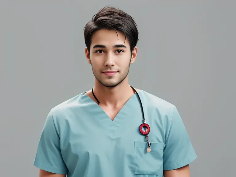 A 30-year-old male nurse, wearing a scrub suit, confidently poses with a stethoscope.