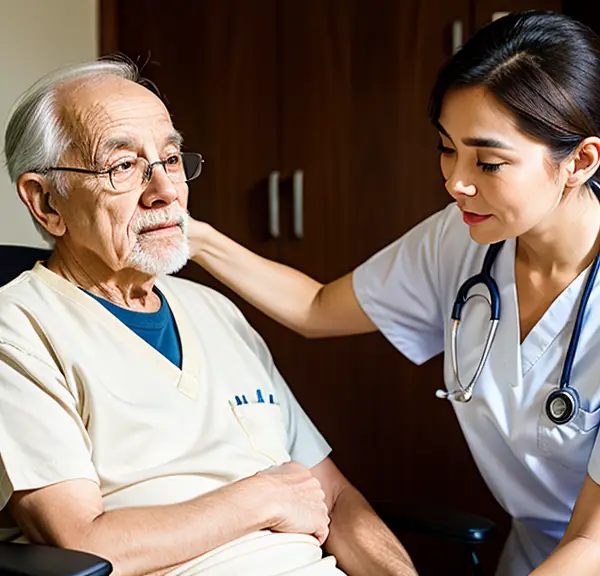 A nurse is talking to an elderly man in a chair about his diabetic toenails.