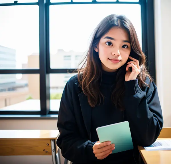 Asian girl talking on the phone in a classroom, distracted from her SATA questions.