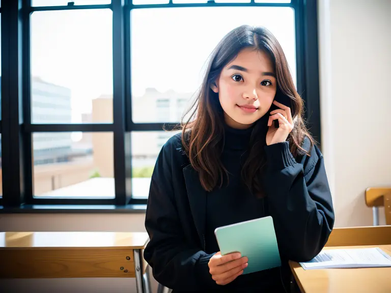 Asian girl talking on the phone in a classroom, distracted from her SATA questions.