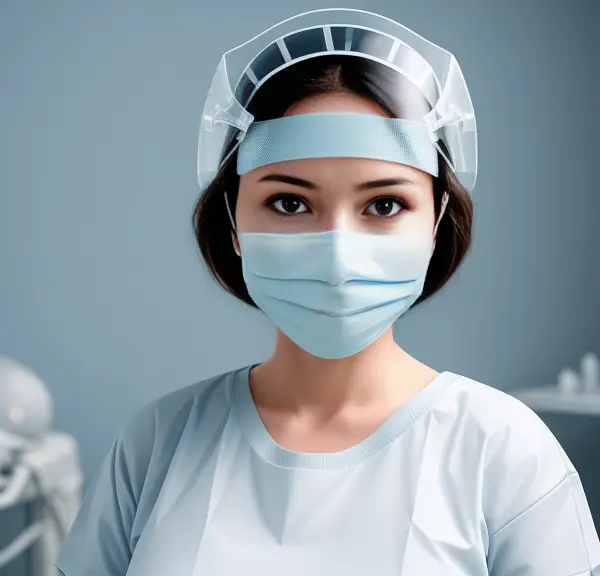 A female surgeon wearing a surgical mask, determined to facilitate safe medical procedures.