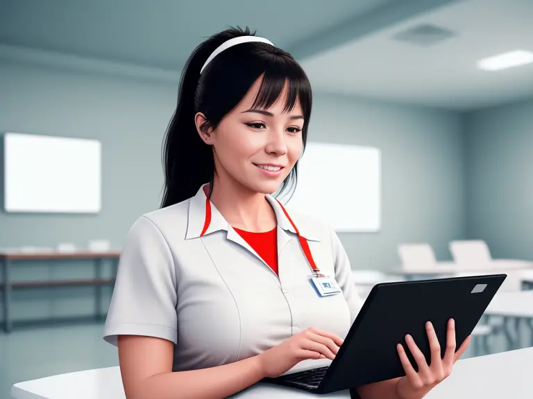 A female nurse utilizing a laptop in an office while exploring how online nursing programs work.