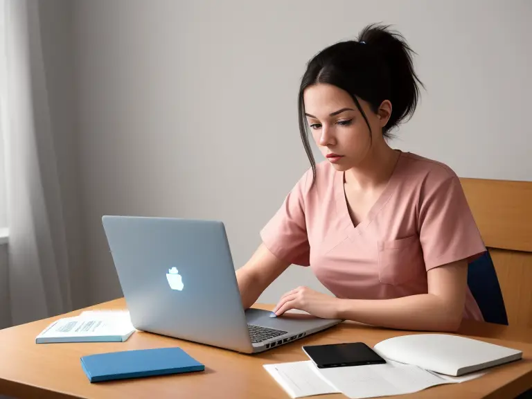 A nurse sitting at a desk with a laptop, studying for the New Generation NCLEX.