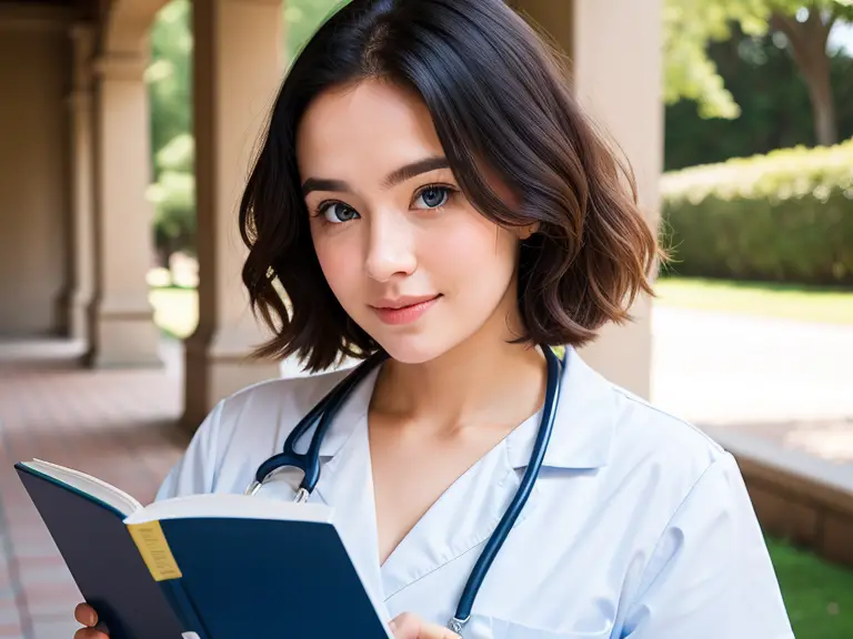 A female nurse Similar a book and a stethoscope.