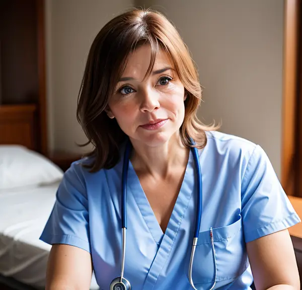 A 40-year-old nurse in scrubs sitting at a table in a hospital room.