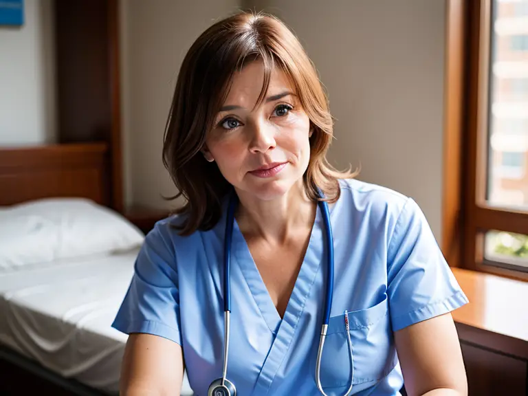 A 40-year-old nurse in scrubs sitting at a table in a hospital room.