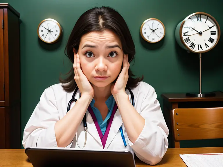 A female nurse sitting at a desk with clocks, contemplating the possibility of the NCLEX shutting off unexpectedly.