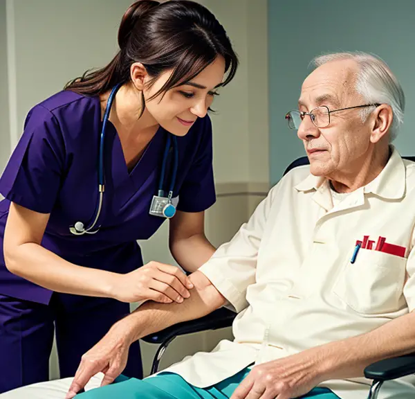 A nurse is performing a physical exam on an elderly man.