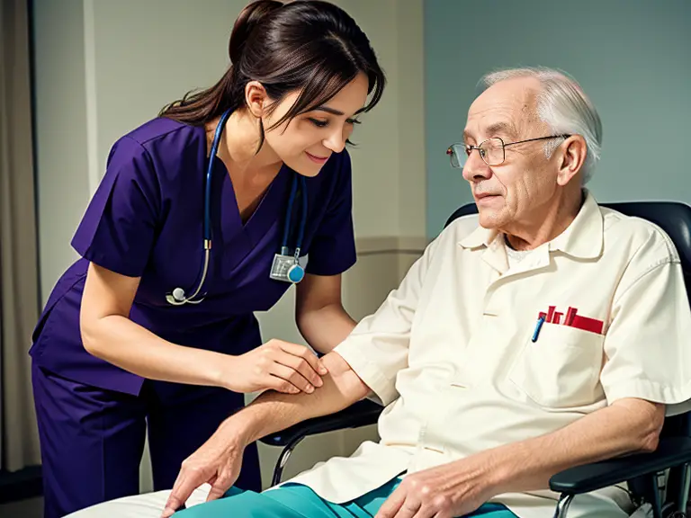 A nurse is performing a physical exam on an elderly man.