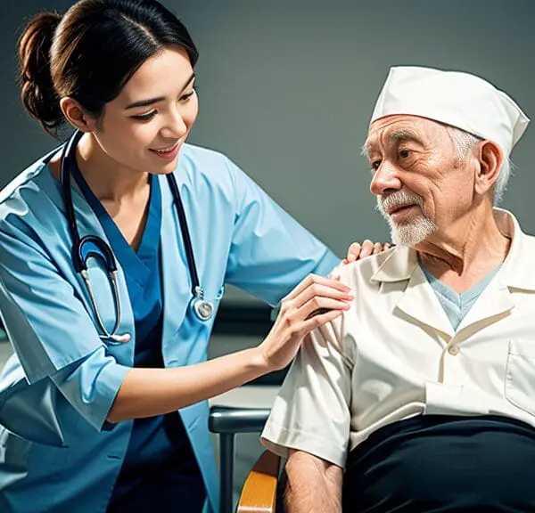 A nurse is carefully tending to an elderly man in a hospital bed.