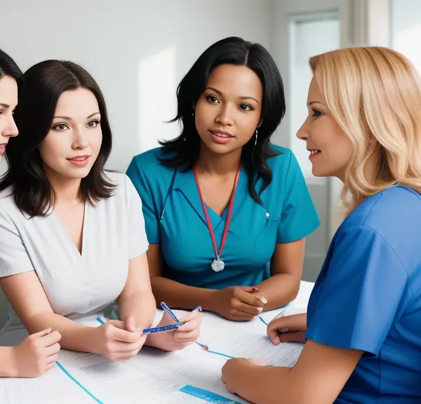 Four nurses, including a Director of Nursing, sitting around a table engaging in conversation.