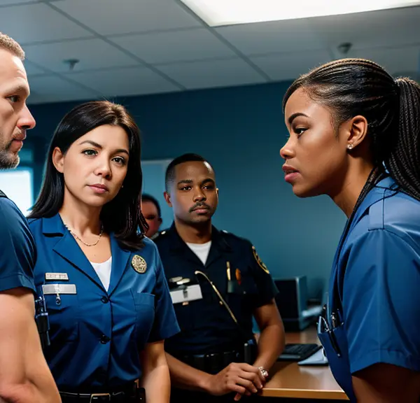 Three cops and a nurse talking to each other in an office while discussing their work and sharing opinions.