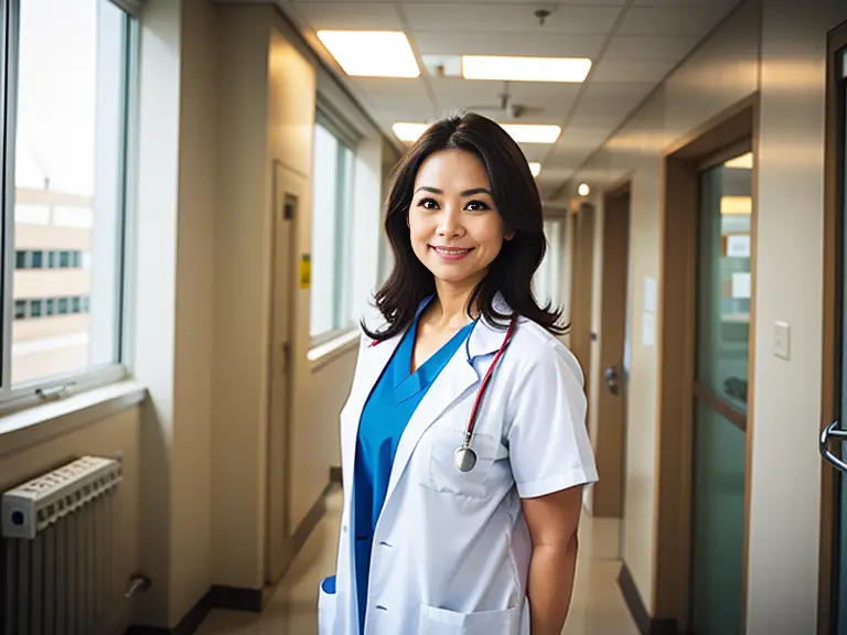 A nurse standing in a hallway at work, holding a stethoscope.