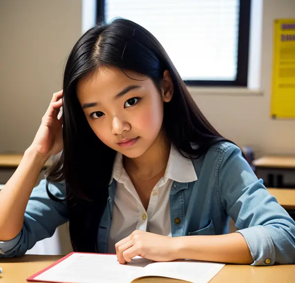 A young girl sitting at a desk in a NCLEX nutrition class.