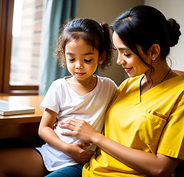 A mom and child sitting on a table.