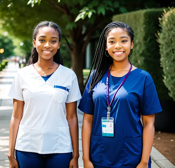 Two women in scrubs standing next to each other, discussing whether PTA school is harder than nursing.