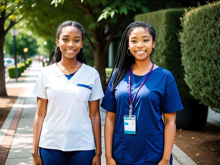 Two women in scrubs standing next to each other, discussing whether PTA school is harder than nursing.