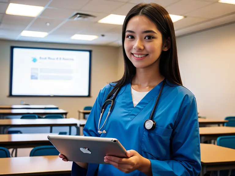 A female nurse in a blue coat is holding an iPad in front of a classroom at Nursing School.