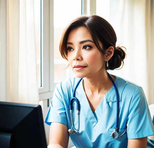 A Baylor nurse at their desk, working the shift and diligently looking at a computer screen.