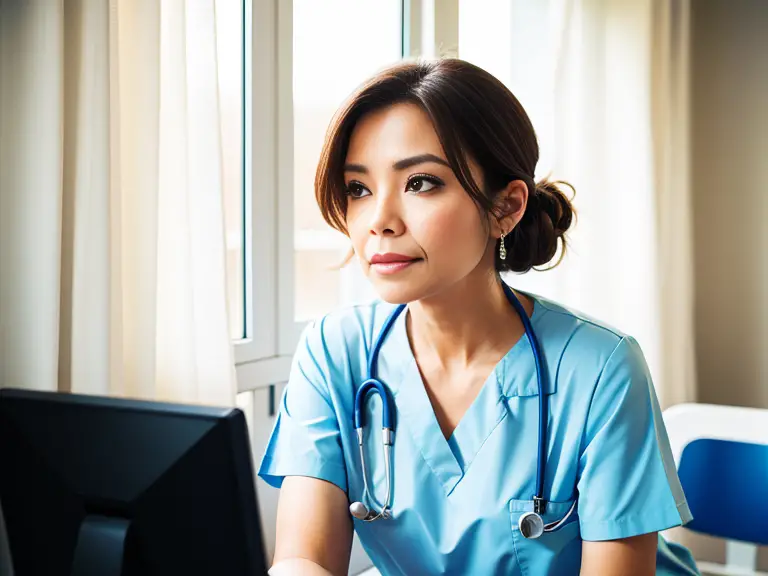 A Baylor nurse at their desk, working the shift and diligently looking at a computer screen.