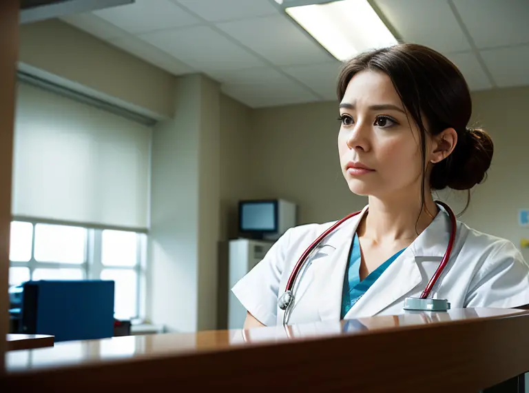 A woman in a lab coat is looking at a stethoscope while pondering the implications of failing a drug test as a nurse.