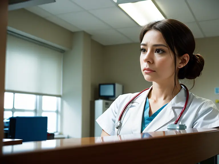 A woman in a lab coat is looking at a stethoscope while pondering the implications of failing a drug test as a nurse.