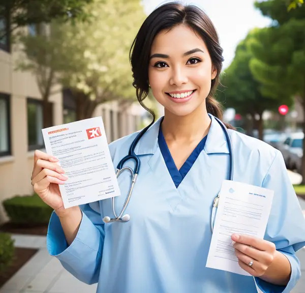 A female nurse confidently holding up a document after passing the NCLEX examination on a Saturday.