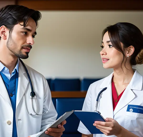 A doctor and nurse, dressed in white lab coats, the nurse is refusing a doctor's order.