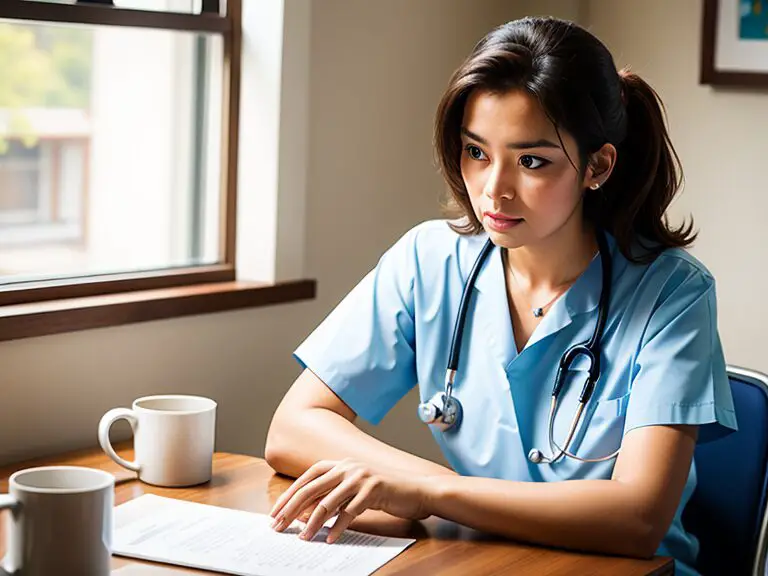 A nurse in blue scrubs sitting at a table with a cup and a paper.