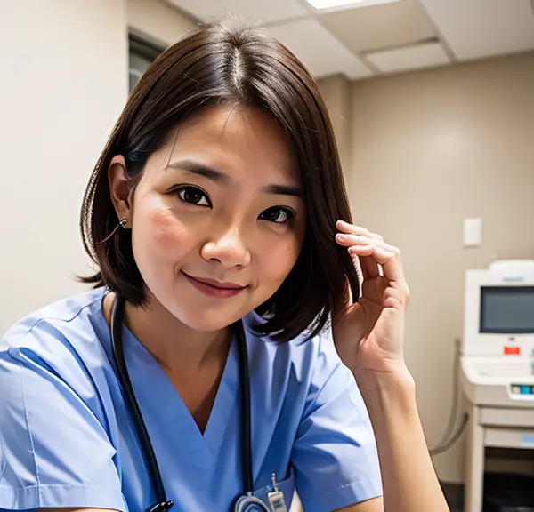 A shy woman in blue scrubs smiling.