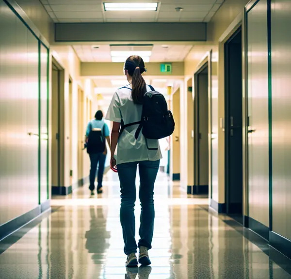 A nursing female student volunteering for several hours walking in a hallway.