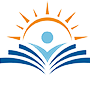 A stylized logo of an open book with a human figure in the center and an orange sun rising above.