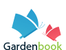 Logo showing two stylized butterflies made from book shapes above the text “Gardenbook,” with "Garden" in black and "book" in green.