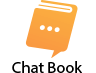 An orange speech bubble shaped like a book with three white dots in the center, above the text "Chat Book.