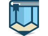 A stylized blue and beige book with a bookmark, depicted as a shield-shaped emblem.
