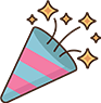 Illustration of a blue and pink striped party popper with yellow confetti and sparkles bursting out.