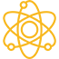Yellow outline of an atom with a central nucleus and three elliptical orbits, each containing a small circle representing electrons, on a white background.