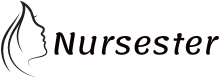 Logo with an outline of a woman's face in profile and the word "Nursester" written in black stylized font.