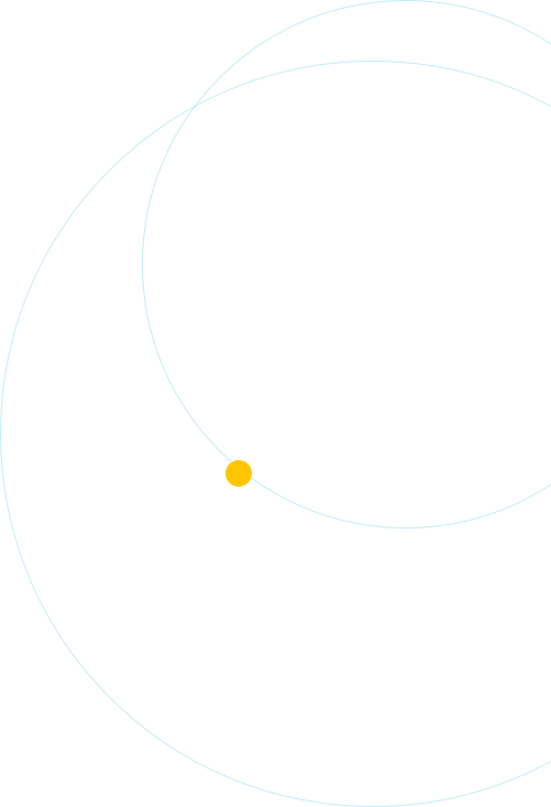 A yellow dot is positioned near the intersection of two thin, light blue overlapping circles on a light gray background.